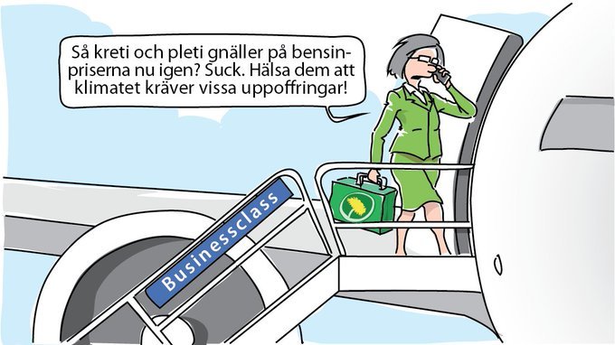 Illustration av person i businessklass vid flygplansentré med pratbubbla som kritiserar klagomål på bensinpriser.