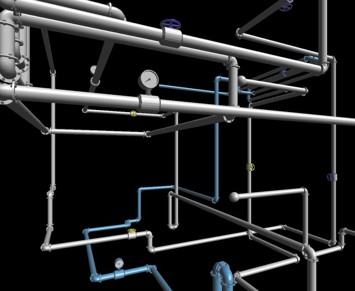 3D-modell av rörsystem för VVS med markerade mätare och ventiler.