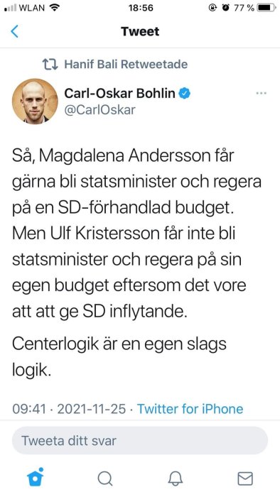 Skärmdump av ett Twitter-inlägg med en profilbild av en man och en text om politik.