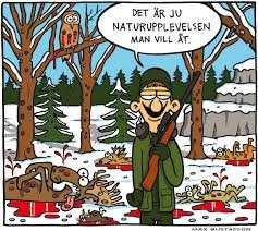 Seriebild av en man med gevär i en skog fylld av snubblade figurer och bokstavsfigur i trädet, humoristisk ton.