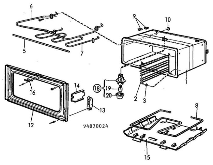Exploded view-teckning av en ugn med numrerade komponenter, inklusive värmelementen 6 och 7.