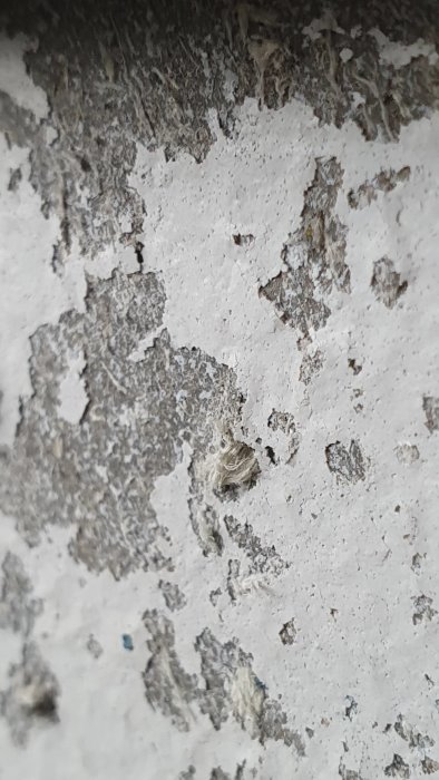Närbild på slitna asbestcementplattor med små hål och fibrer som sticker ut.