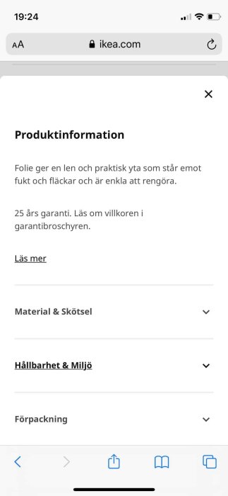 Skärmdump från IKEA:s webbplats visar produktinformation om folie med 25 års garanti.