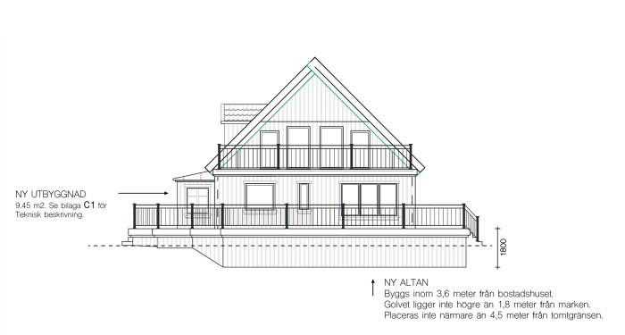 Arkitektonisk ritning av en husfasad med ny utbyggnad och altan, visande dimensioner och ändringar på taket och skorstenen.