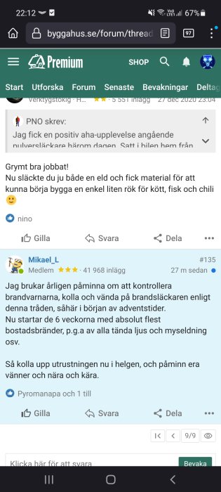 Skärmdump av ett foruminlägg på Byggahus.se som diskuterar brandsäkerhet och påminner om att kontrollera brandvarnare.