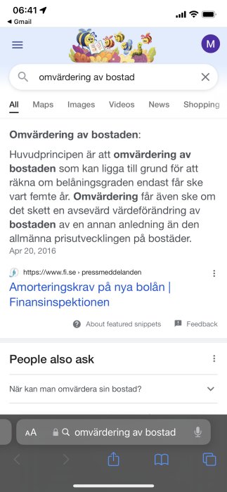 Skärmdump av en sökmotor med en sökfråga "omvärdering av bostad" och relaterade sökresultat.