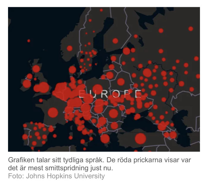 Karta över Europa som visar smittspridning med röda prickar av olika storlekar för olika länder.