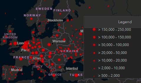 Infografik över Europa med röda prickar av olika storlekar som representerar olika antal datapunkter och tillhörande förklarande legend.