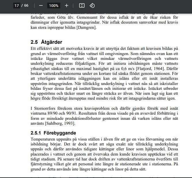 Skärmdump av en text från en PDF om åtgärder för att motverka isbildning i vattendrag.