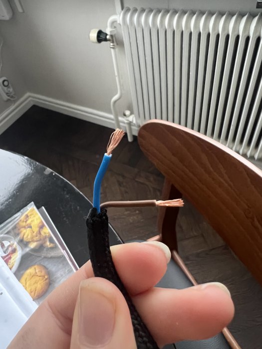 En hand håller en lampsladd med exponerade blåa och bruna trådar.