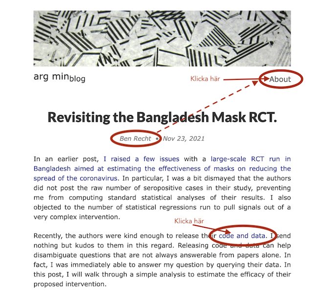 Skärmdump av en bloggpost med titeln "Revisiting the Bangladesh Mask RCT" med markerade länkar och flikar.