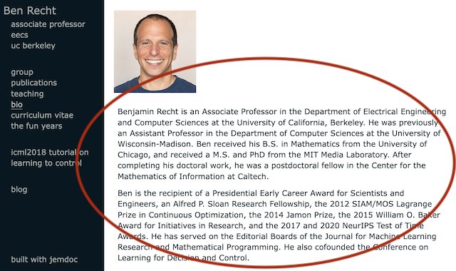 Skärmdump av Ben Rechts biografisida med text och porträttfoto.