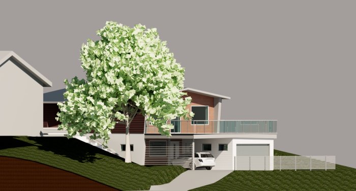 3D-rendering av ett modernt tvåvåningshus med garage och carport med ribbor, stor trädgård och ett träd.