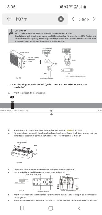 Skärmdump av en bruksanvisning för anslutning av strömkabeln till en Qlima pump, med diagram och instruktioner för inomhus-/utomhusenheter.