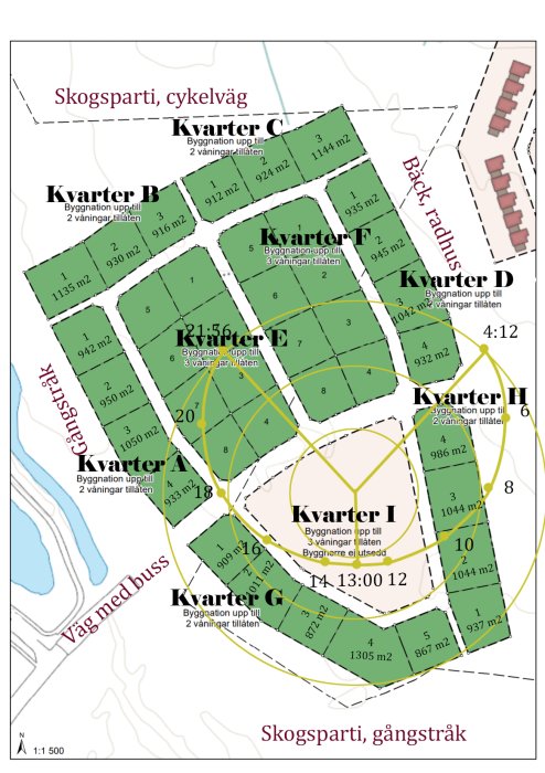 Karta som visar detaljplan för hustomter med solens läge under sommaren, storlekar och kvarterbeteckningar.