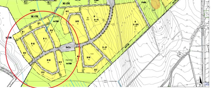 Detaljplan och illustrativ karta över hustomter med beteckningar och omgivande natur.