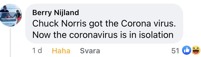 Skärmavbild av sociala medier-kommentar med skämt om Chuck Norris och coronaviruset.