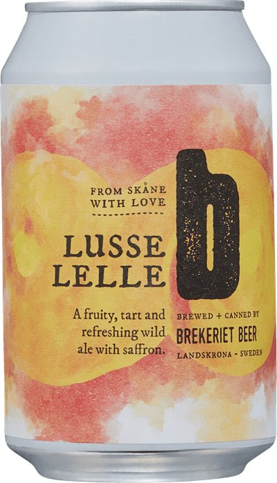 Burk med etikett för Lusse Lelle öl från Brekeriet Beer, Landkrona, Sverige.