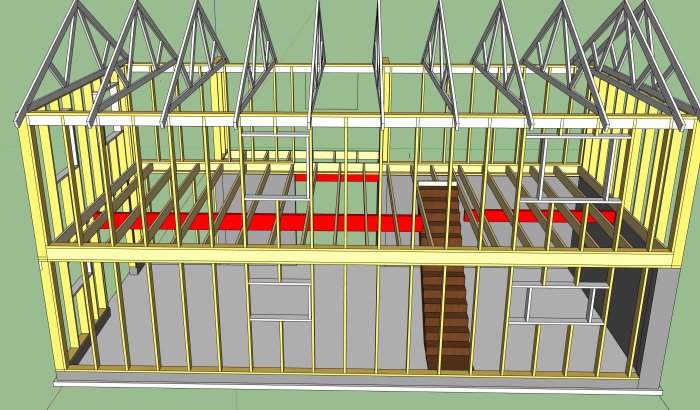 3D-modell av tillbyggnad med röda balkar vid en trappa och gula trästommar.