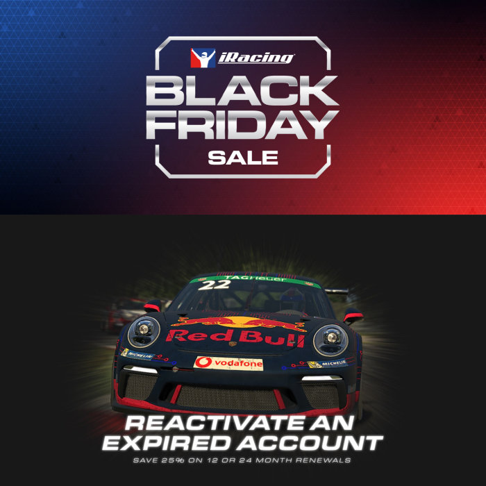 Reklambild för iRacing Black Friday-försäljning och en uppmaning att återaktivera ett utgånget konto.