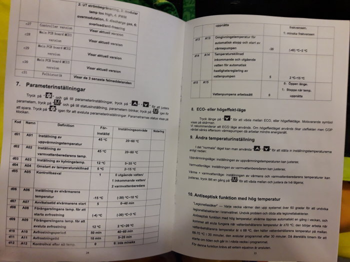 Öppen manual som visar inställningar och definitioner för en värmepumps parametrar med förinställda värden och noteringar.