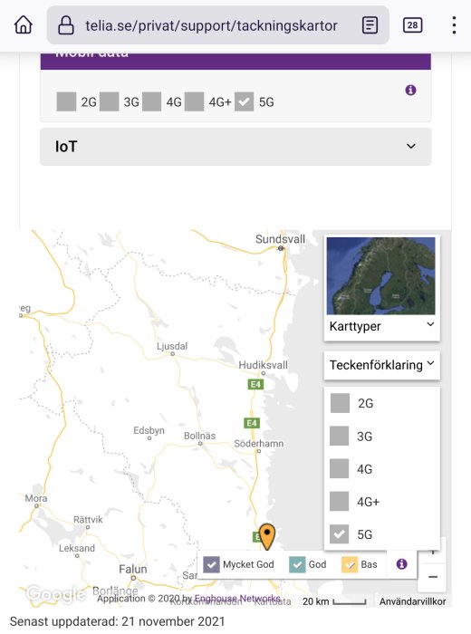 Skärmbild av Telias täckningskarta över södra Norrland, med 5G markerat, och en markör för mycket god täckning.