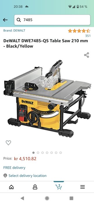 DeWalt DWE7485 bordssåg i svart och gult med prisvisning på skärmen.