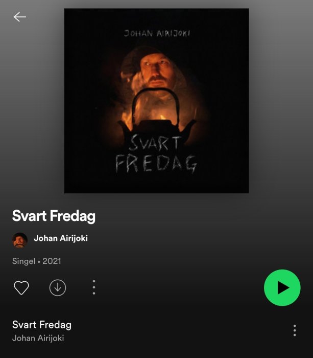 Skärmavbild av Spotify med singeln "Svart Fredag" av Johan Airijoki, omslaget visar en man med lykta.