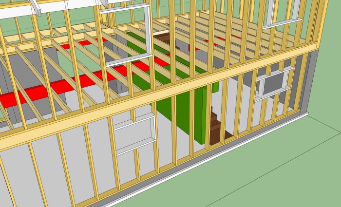 3D-modell av en halvfärdig trästomme till en byggnad med en grön vägg och en trappdel synlig.