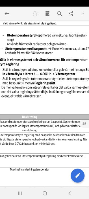 Skärmdump av en instruktionsmanual för inställning av värmesystem med utetemperaturstyrning.