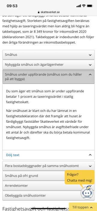 Skärmdump från Skatteverkets webbplats om fastighetsavgift för småhus under uppbyggnad.