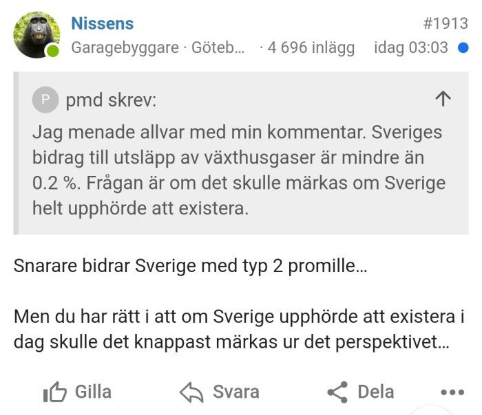 Skärmdump av foruminlägg om Sveriges bidrag till utsläpp av växthusgaser och dess påverkan.