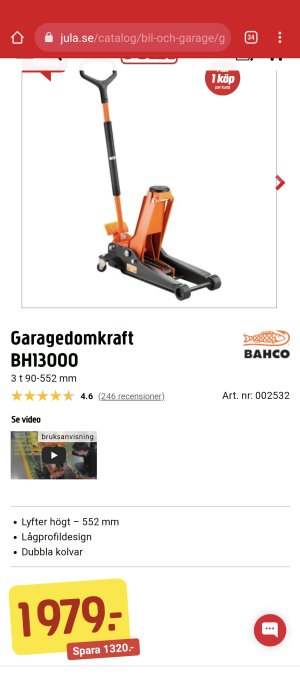 Orange och svart garagedomkraft av märket Bahco, modell BH13000, med kapacitet 3 ton och lyfthöjd upp till 552 mm.