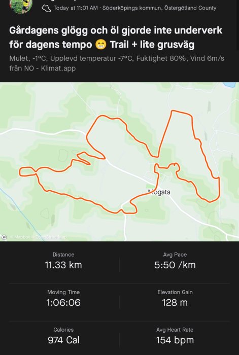 Skärmdump av löparapp som visar rutt på karta, distans 11.33 km, tid 1:06:06 och pulsdata.