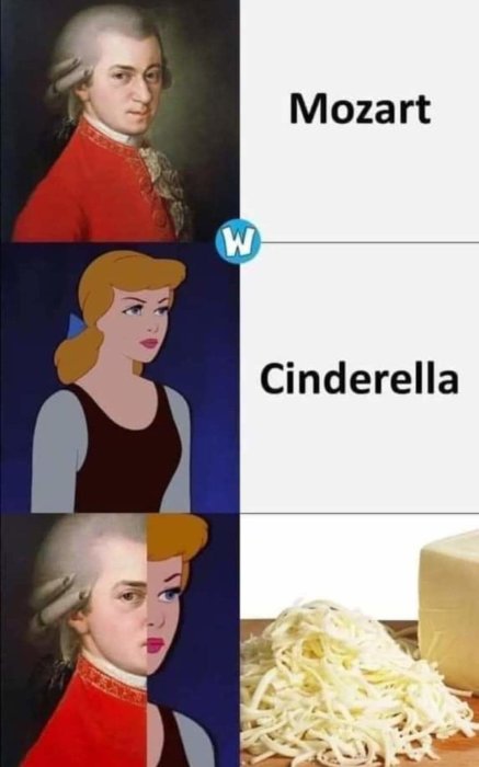 Meme med bilder av Mozart, Askungen och en mix av båda bredvid riven ost; ordlek med "Mozart" och "Cinderella".
