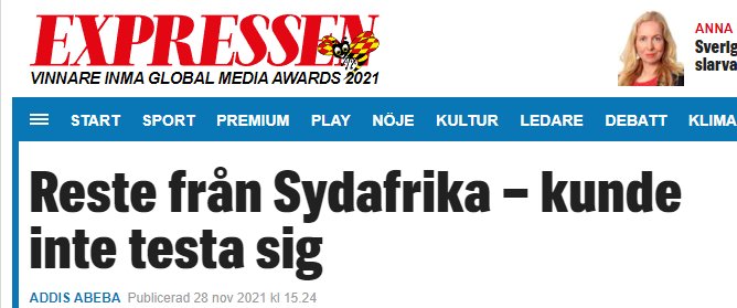 Webbsidebanner för Expressen med rubrik "Reste från Sydafrika – kunde inte testa sig