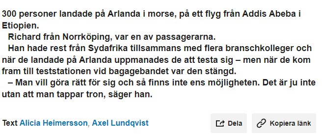 Skärmbild av en nyhetsartikel om passagerare som landat på Arlanda och uppmanats att testa sig för virusmutationer.