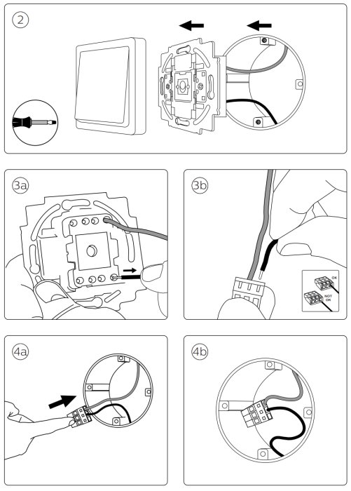 Illustration av installationsprocessen för Hue wall switch modul med kablar och Wago-kopplingsklämmor.