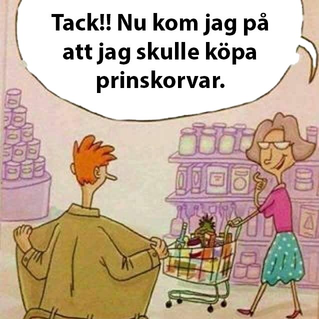 Två tecknade figurer i en matbutik, en kvinna talar till en man om att komma ihåg prinskorvar.