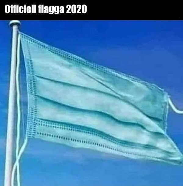 En hissad flagga formad som en ansiktsmask mot blå himmel med texten "Officiell flagga 2020".