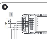 Schematisk diagram som visar anslutning av återfjädrande strömbrytare märkt "S" till en enhet.