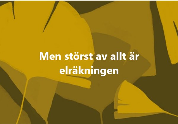 Abstrakt gul bakgrund med texten "Men störst av allt är elräkningen" i mitten.