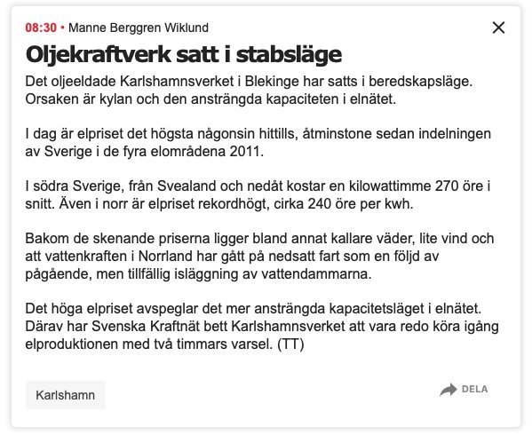 Skärmdump av artikel om oljekraftverkets beredskapsläge med text om höga elpriser och begränsad kapacitet.