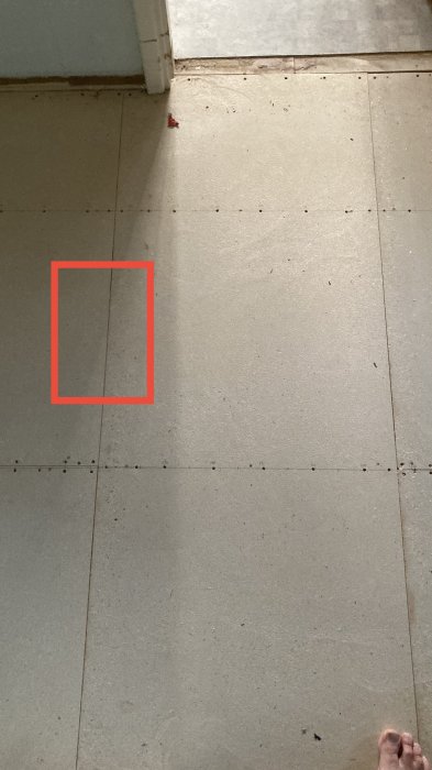 Golv med spånskivor fastskruvade i reglar, skarv synlig, spikar med 10cm c/c, markerad problemområde.