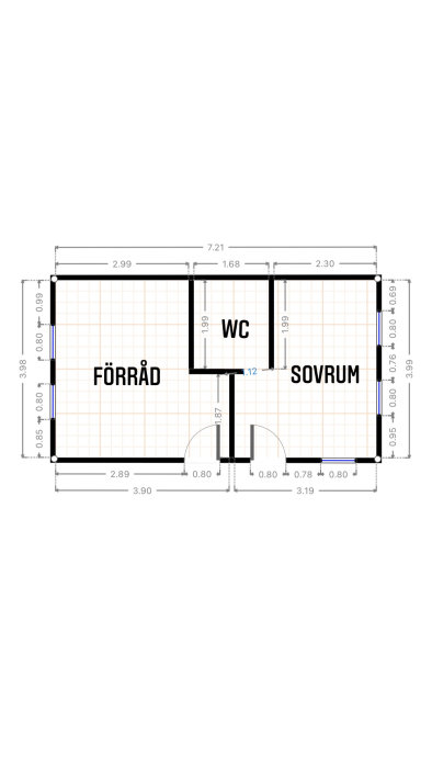 Ritning av ett Attefallshus med förråd och sovrum inklusive mått, samt WC position indikerad.