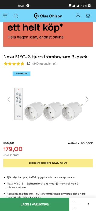 Skärmbild av Clas Ohlson webbsida som visar Nexa MYC-3 fjärrströmbrytare 3-pack med fjärrkontroll och erbjudandepris.