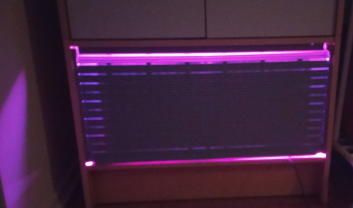 Ett växthus med lila LED-belysning i dunkel belysning, vilket skapar en festlig och odlingsvänlig atmosfär.