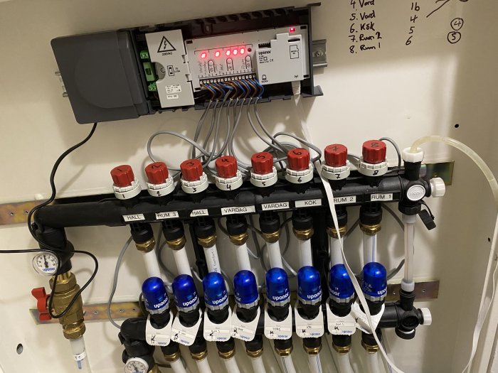 Upponor golvvärmesystem med etiketterade rör och reglage i ett skåp, termostater och kablar synliga.