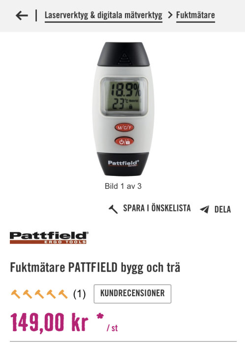 Digital fuktmätare från PATTFIELD visar 18,9% fukt och 23 grader celsius i displayen.