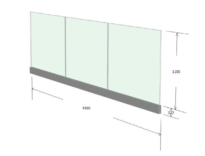 Tecknad illustration av glasräcke med måttangivelser, 12,76mm tjocklek markerad.